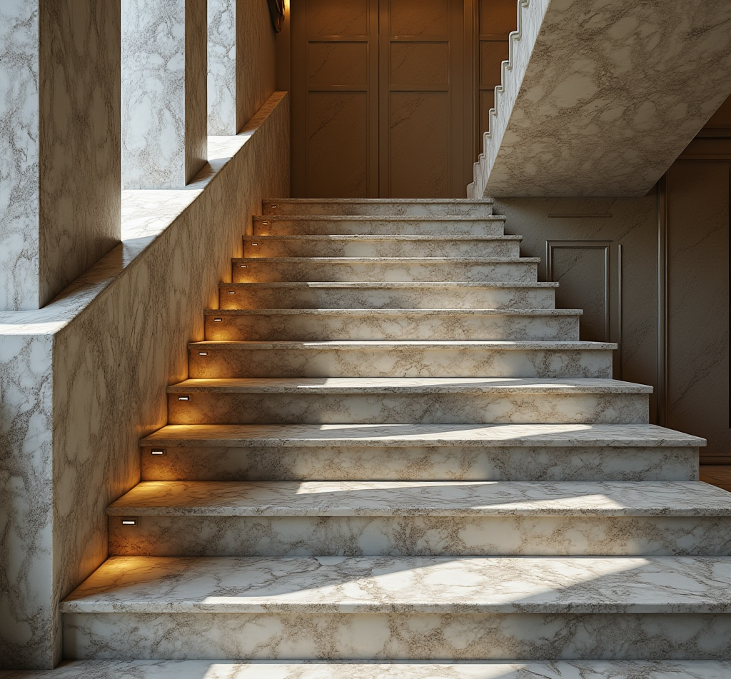 Elegant Artificial Calacatta Grey staircase with soft grey veining, perfect for modern and classic interiors.